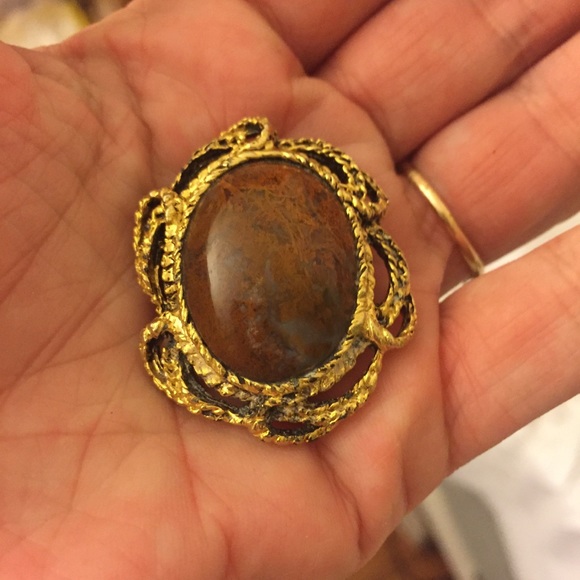 ❌SOLD❌ RARE Vintage Gold Plated Oval Jasper Brooch - Picture 5 of 8